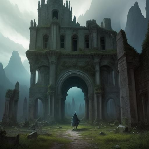 Ethereal Landscape Painting of Ancient Ruins