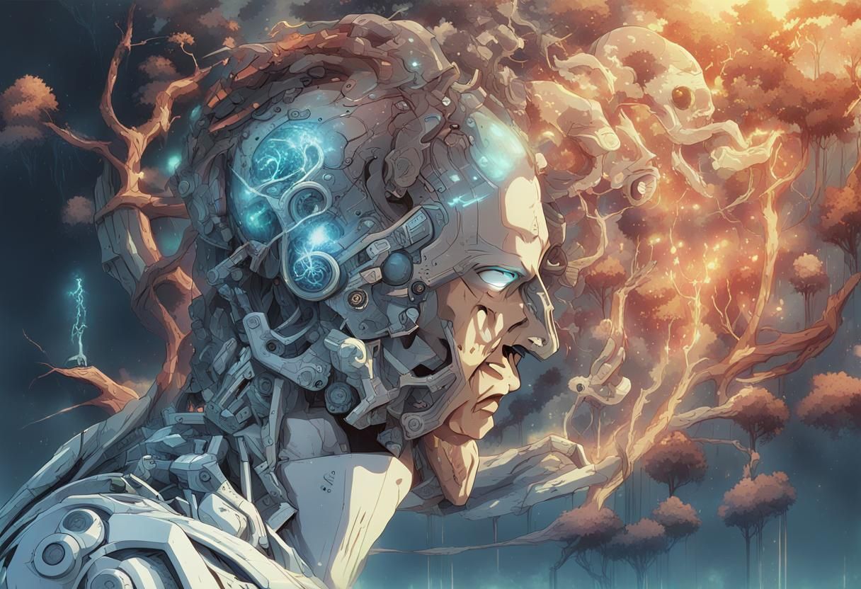 Cyborg Deep in Thought, in Anime Art Style
