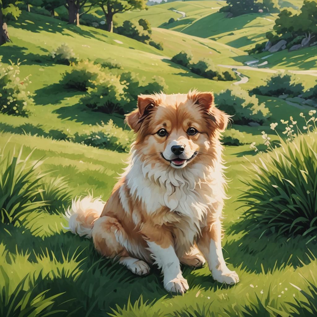 Cute Doggie on Green Hill in Watercolor Style