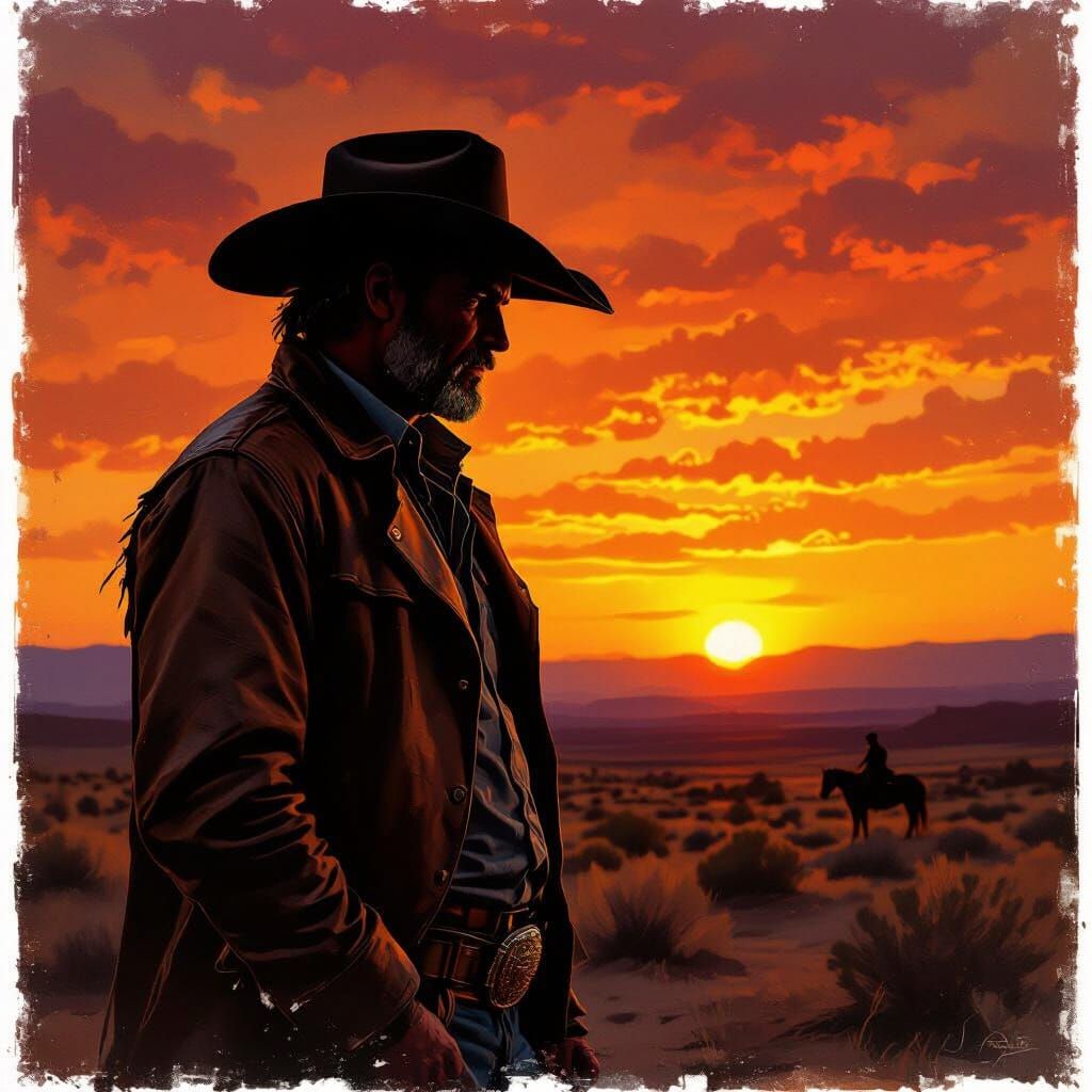 Cowboy Silhouette at Sunset: Western Art Style