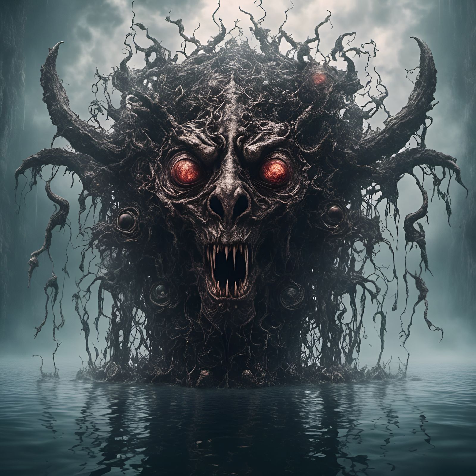 Grotesque Multi-Eyed Demon Floating Above Water