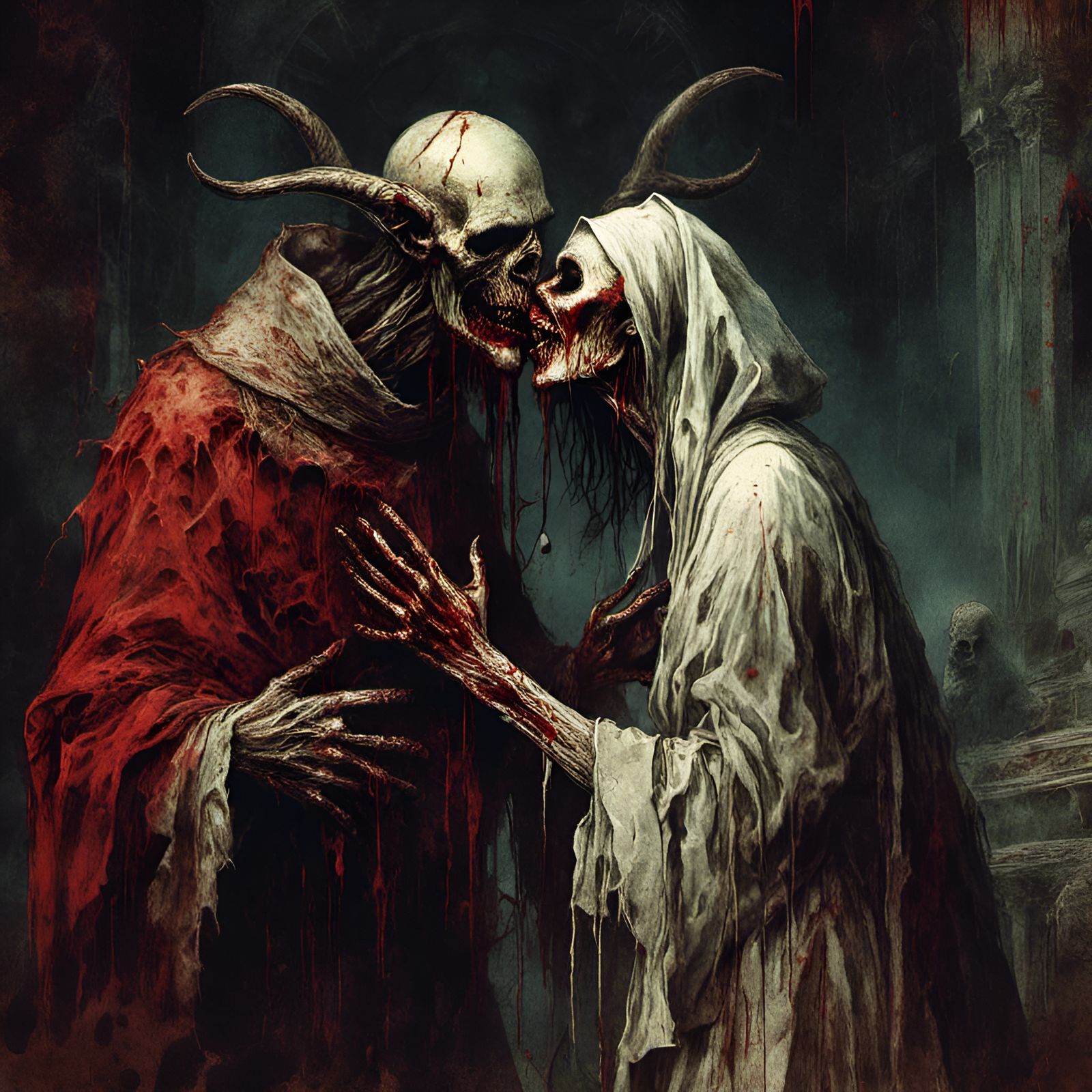 Creepy Zombie Pope Kiss in Crypt Illustration