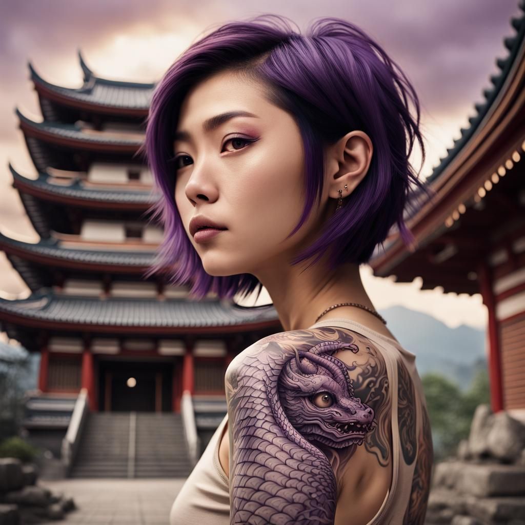Tattooed Woman at Zen Temple: Digital Matte Painting