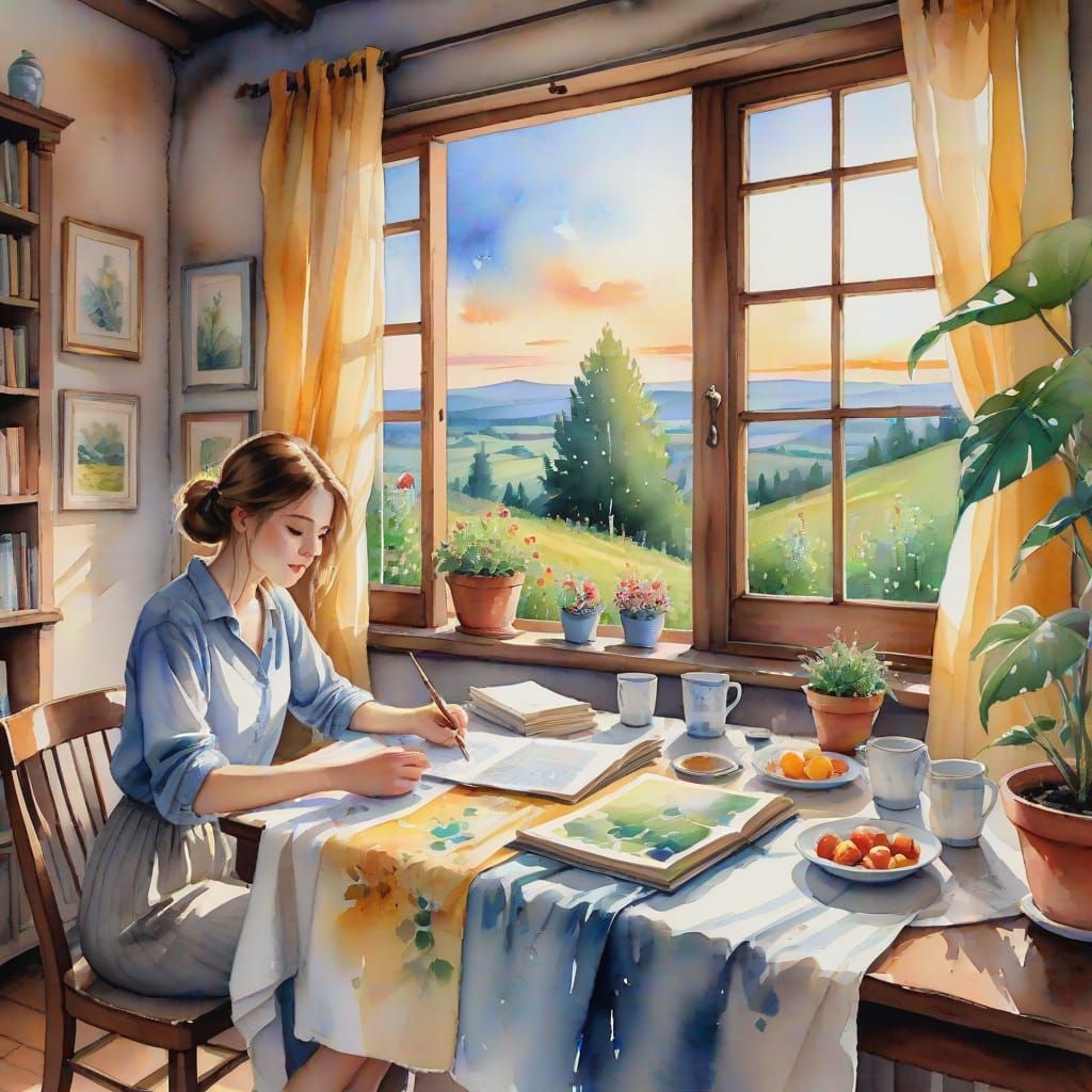 Boomer Cat Reads Newspaper in Watercolor Style