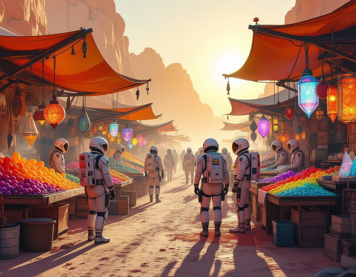 Martian Marketplace: Sci-Fi Watercolour Art