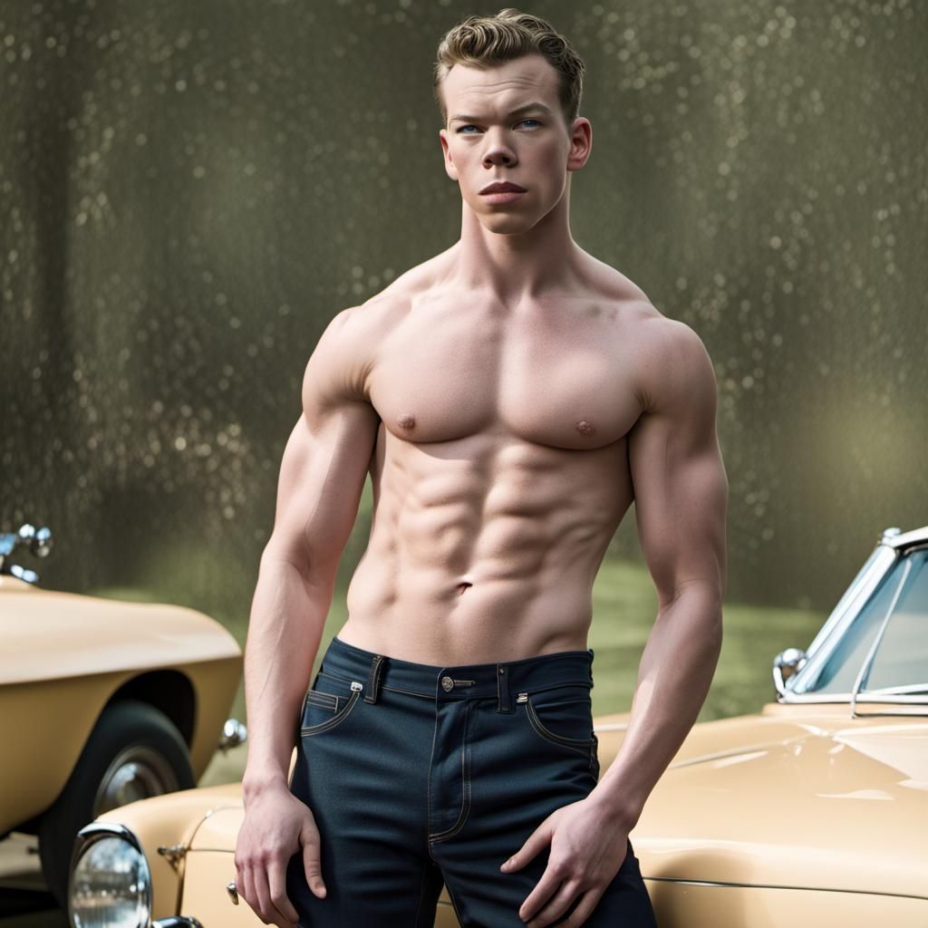 Will Poulter as a huge bodybuilder leaning against a classic...