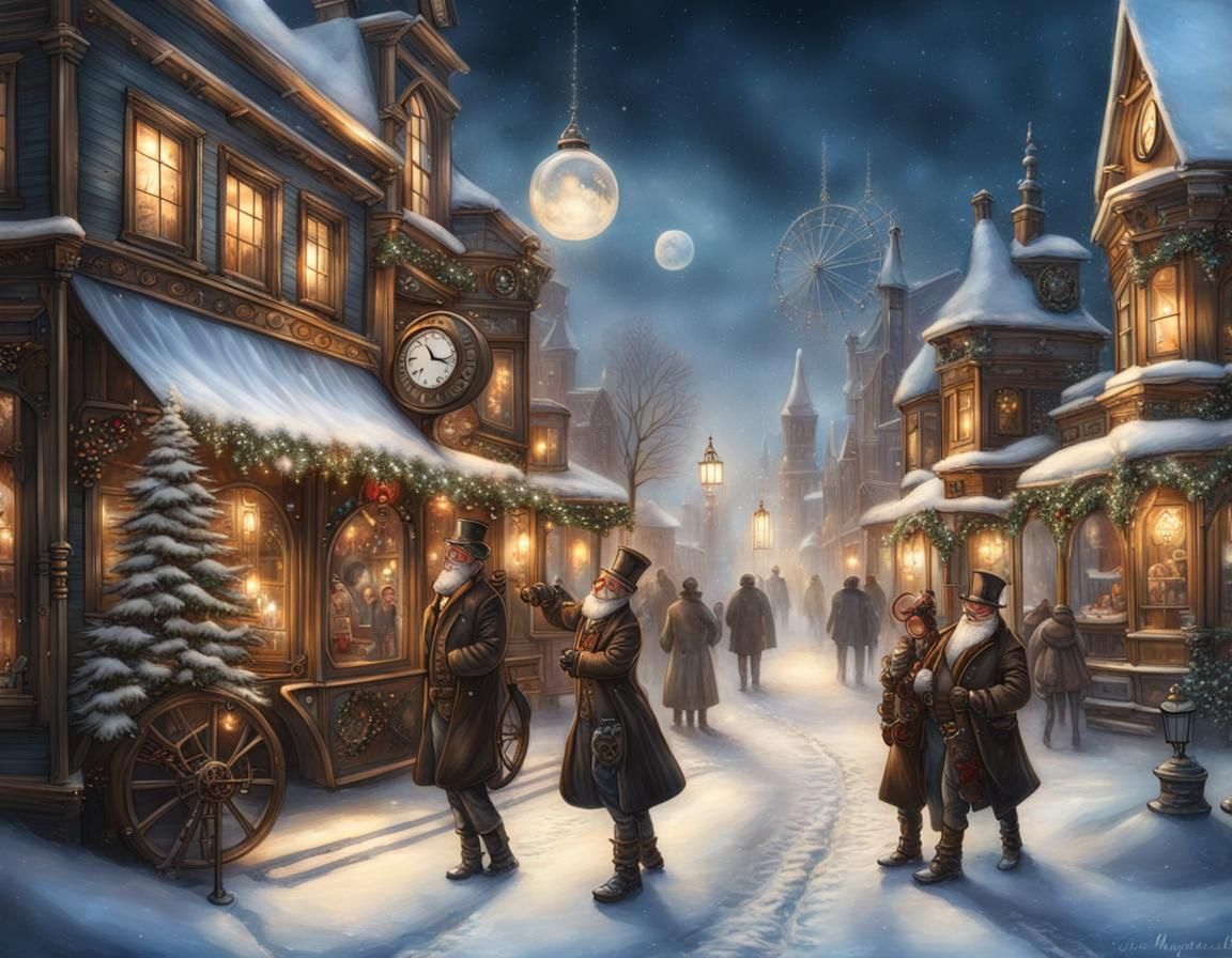 steampunk hyper realistic art that blends the steampunk look with the essence of a winter wonderland, Santa in the victo...