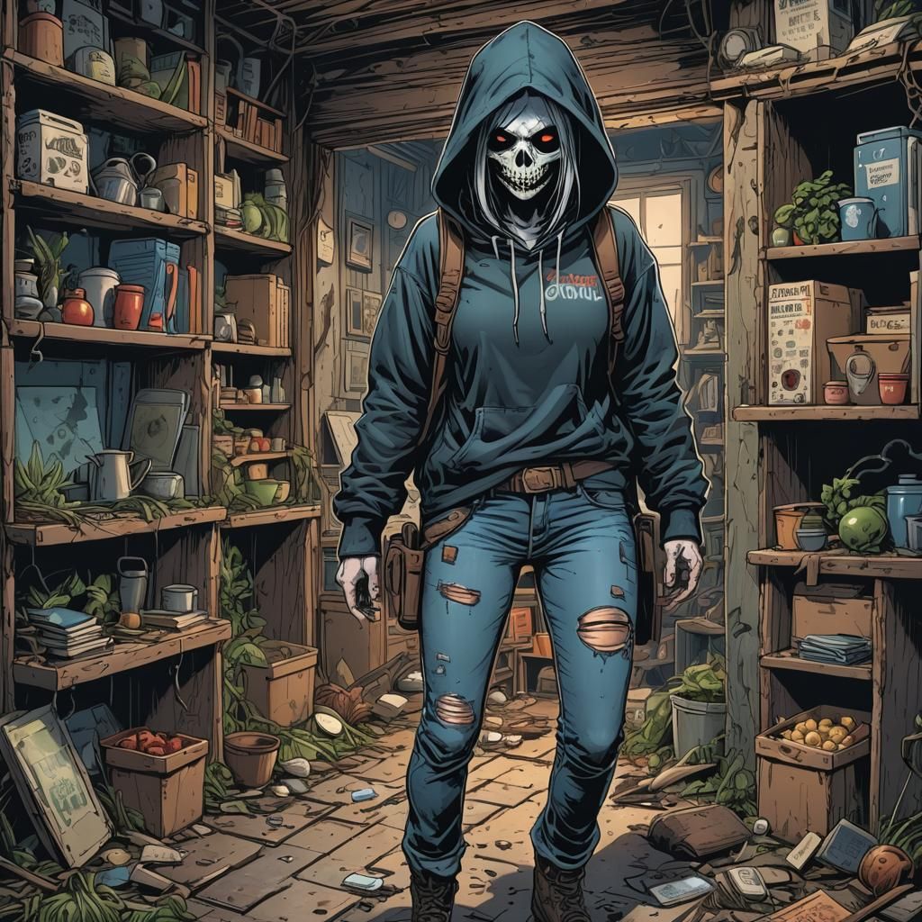 Post-Apocalyptic Ghoul Foraging in Comic Book Art Style