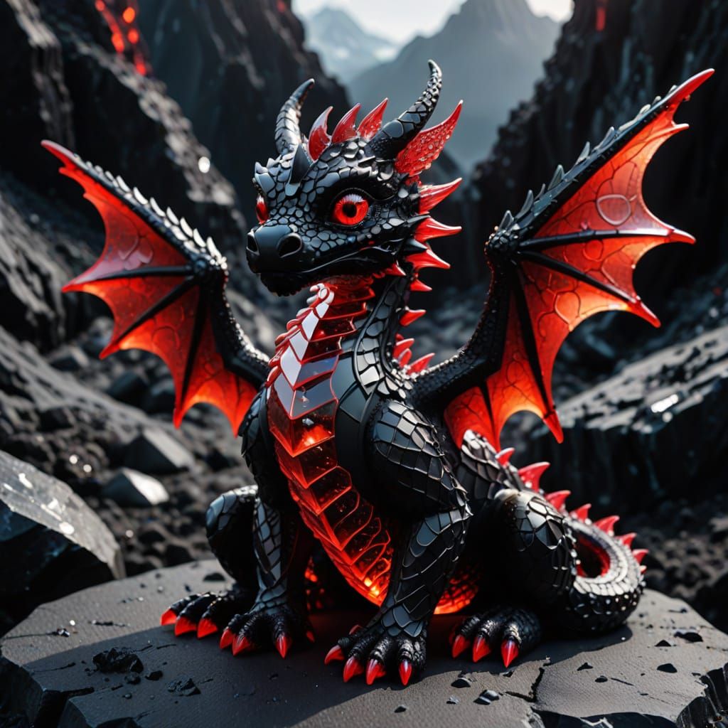 Cute Crystal Dragon Sitting on Lava Landscape with Ice Cryst...