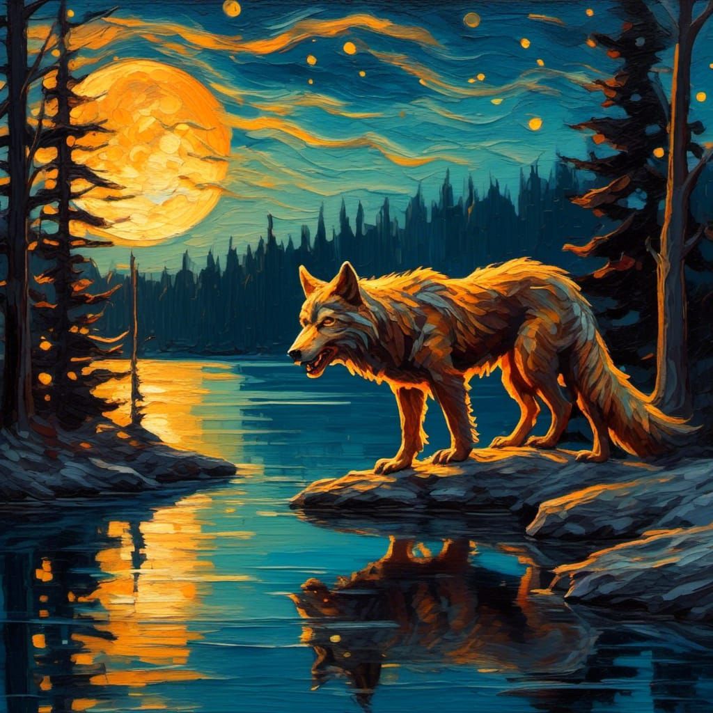 Werewolf at Moonlit Lake in Impasto Style