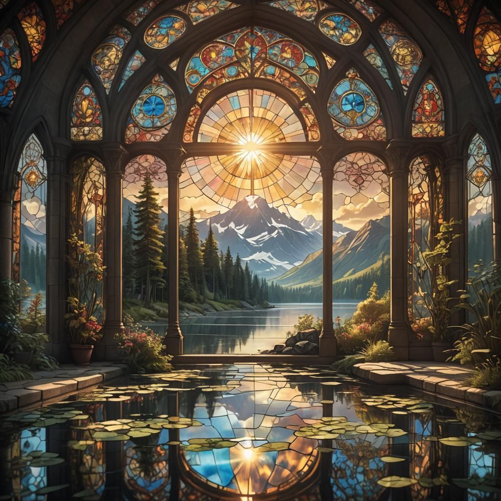 Sunlit Stained Glass Reflections on Lake