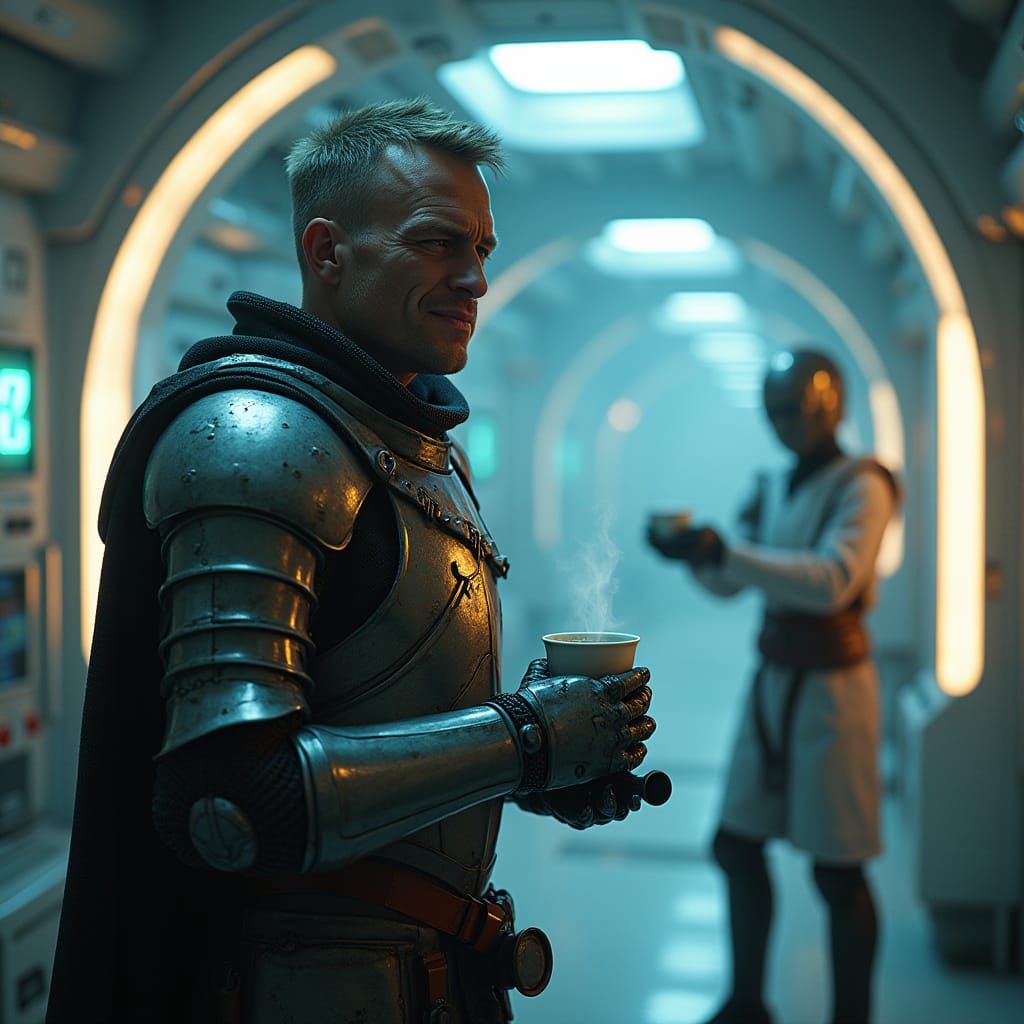 Exhausted Knight Receives Coffee in Cyberpunk Med Bay