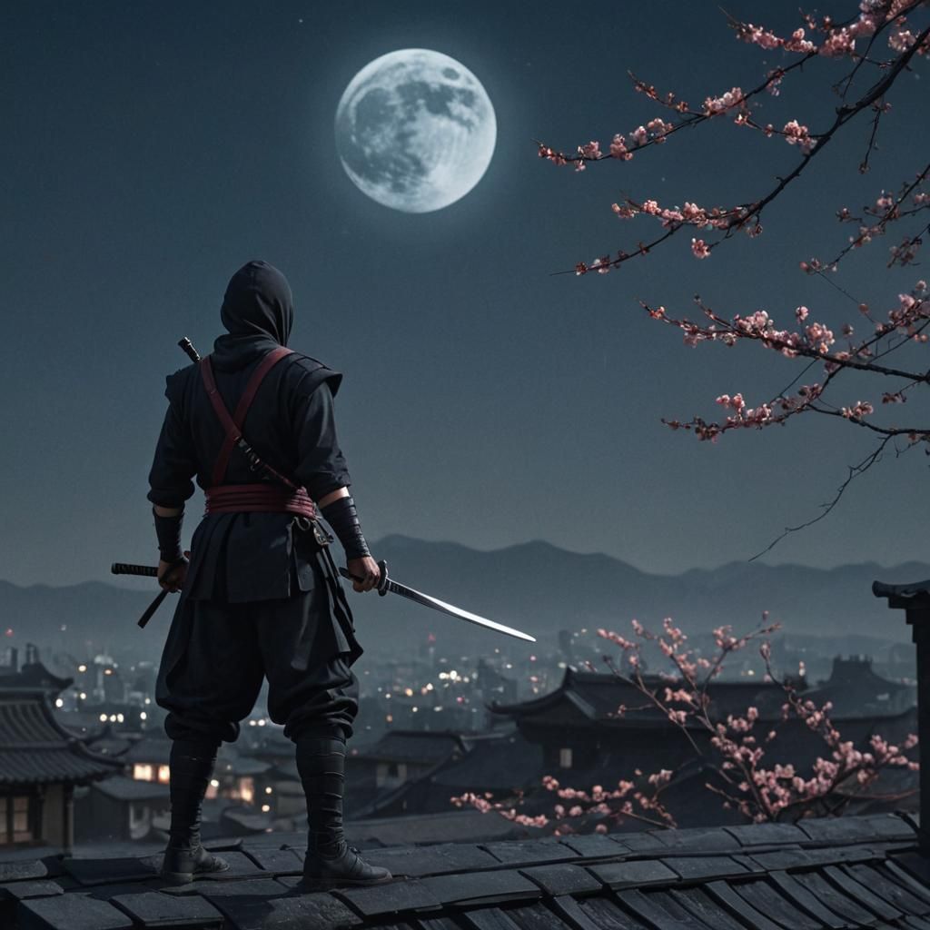 Mysterious Ninja on Rooftop in Film Noir Style
