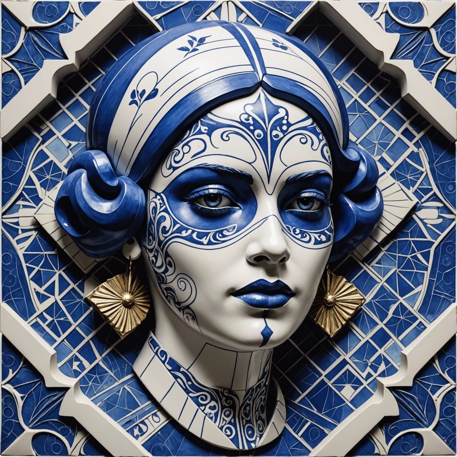 Art Deco Azulejo Portrait with Kintsugi Details