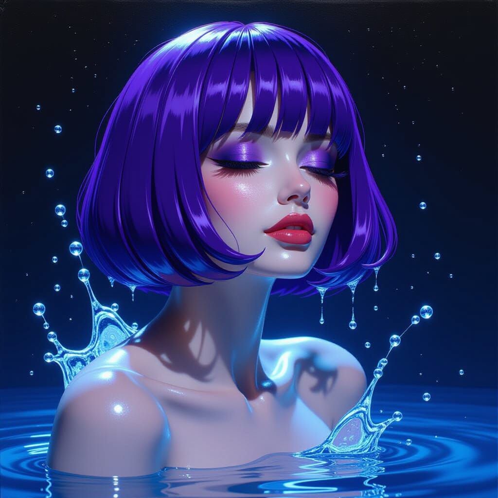 Ethereal Water Sculpture of Woman with Purple Hair