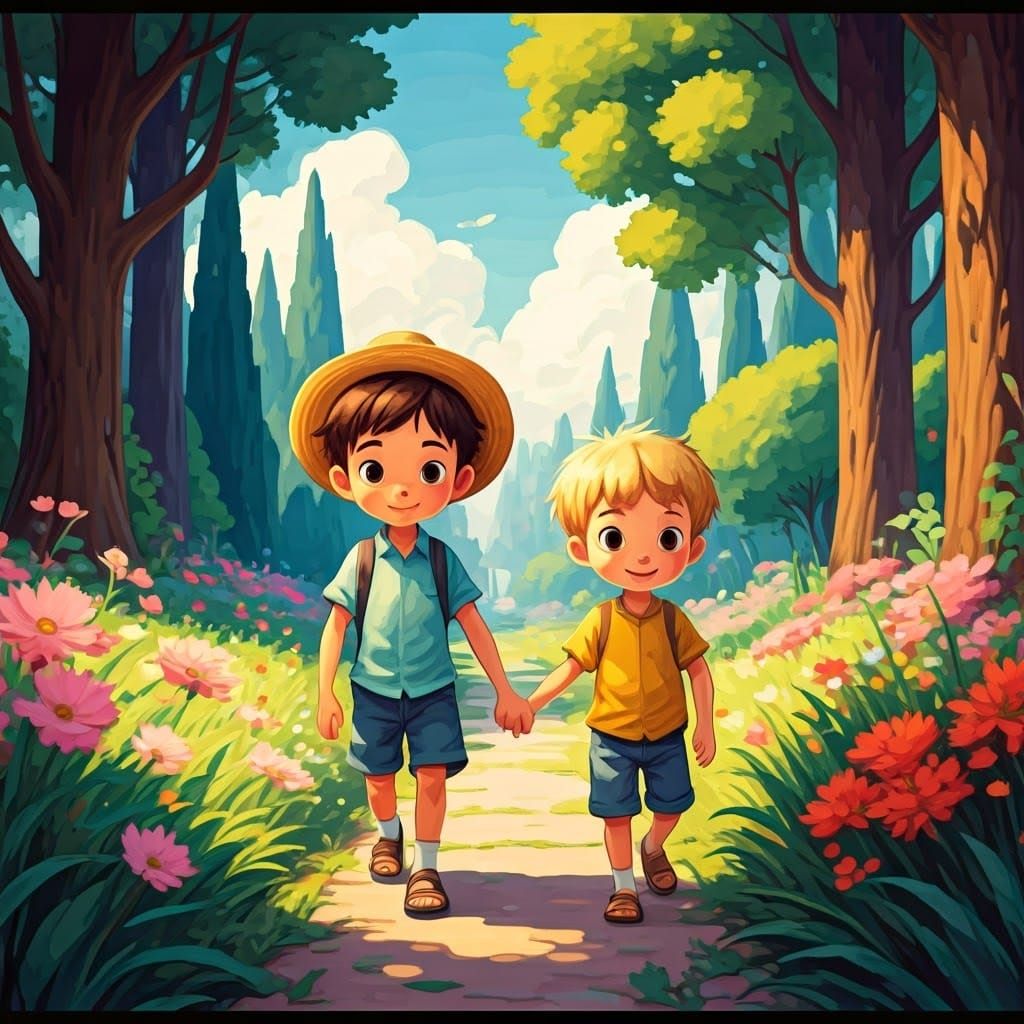 Two Boys Play Together in a Vibrant Garden in Impressionist ...