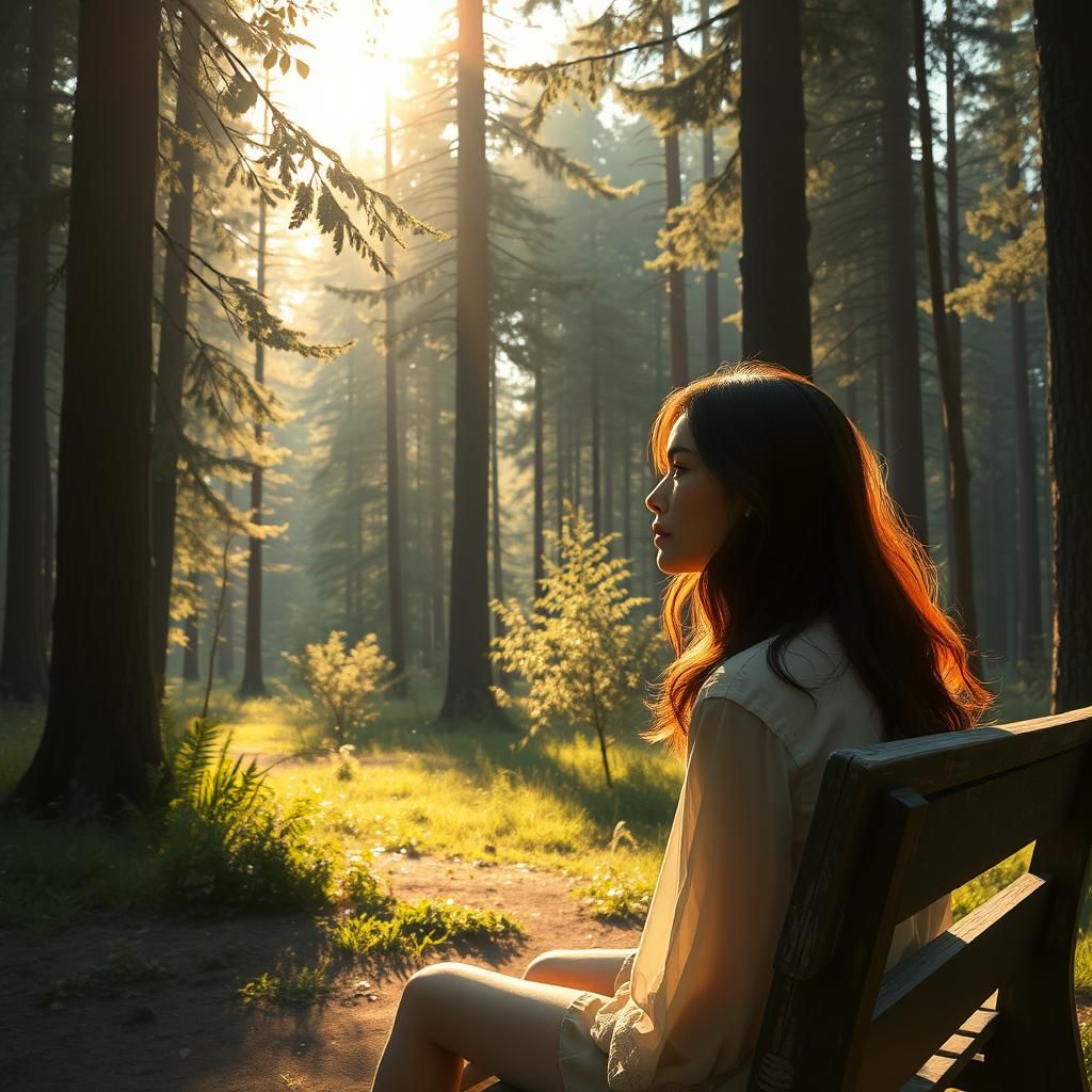 Woman in Forest Clearing at Golden Hour