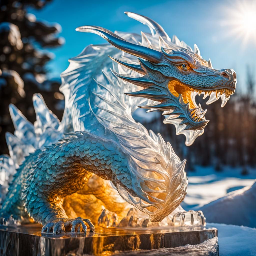 Ice Dragon Sculpture in Sunlight: Hyperrealistic Splash Art