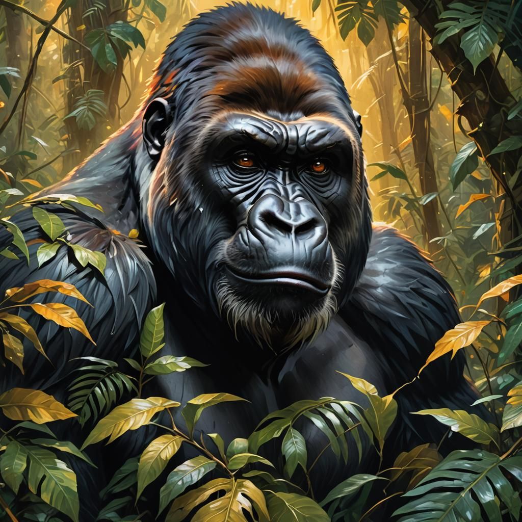Noble Gorilla Portrait in Jungle Oil Painting
