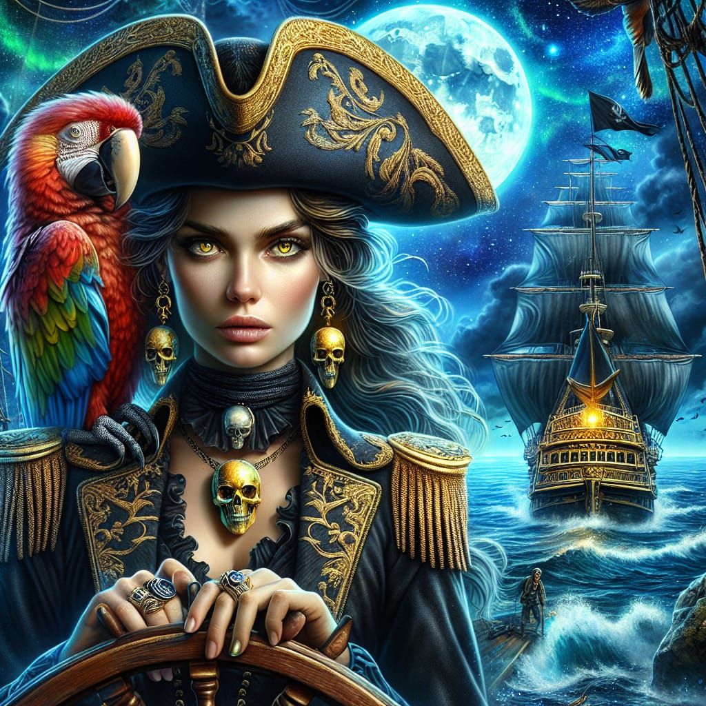 Caribbean Pirate Captain with Macaw in Hyperrealism