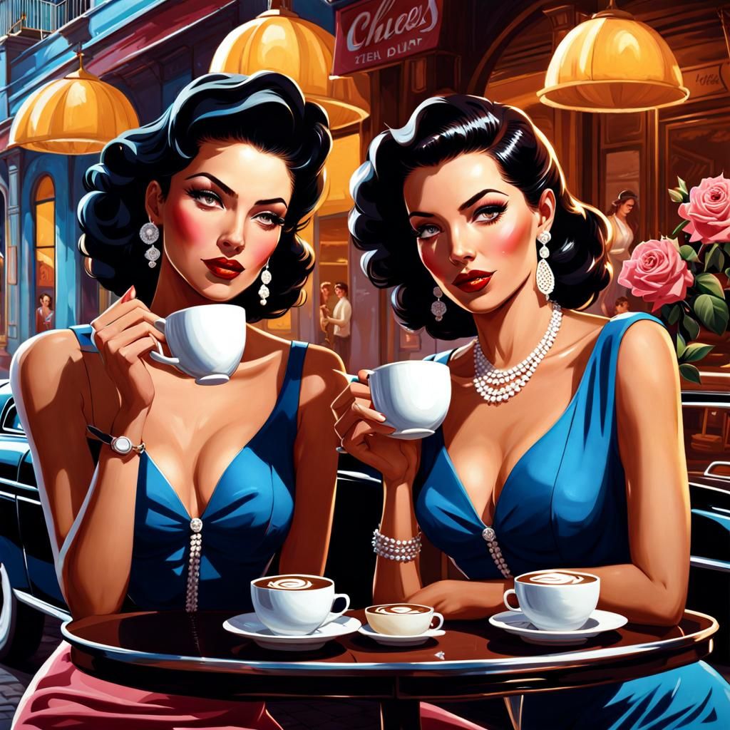 Cuban Sisters in Havana Cafe, 1950s Splash Art