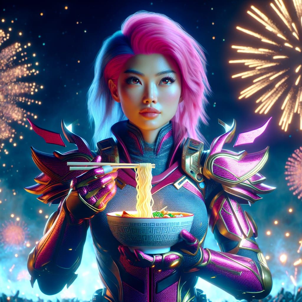 Anime Heroine Enjoys Ramen Under Fireworks