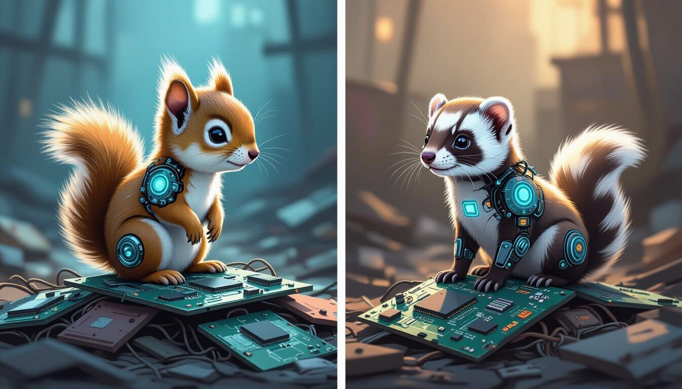 Cybernetic Baby Animals in Futuristic Junkyard Sketch