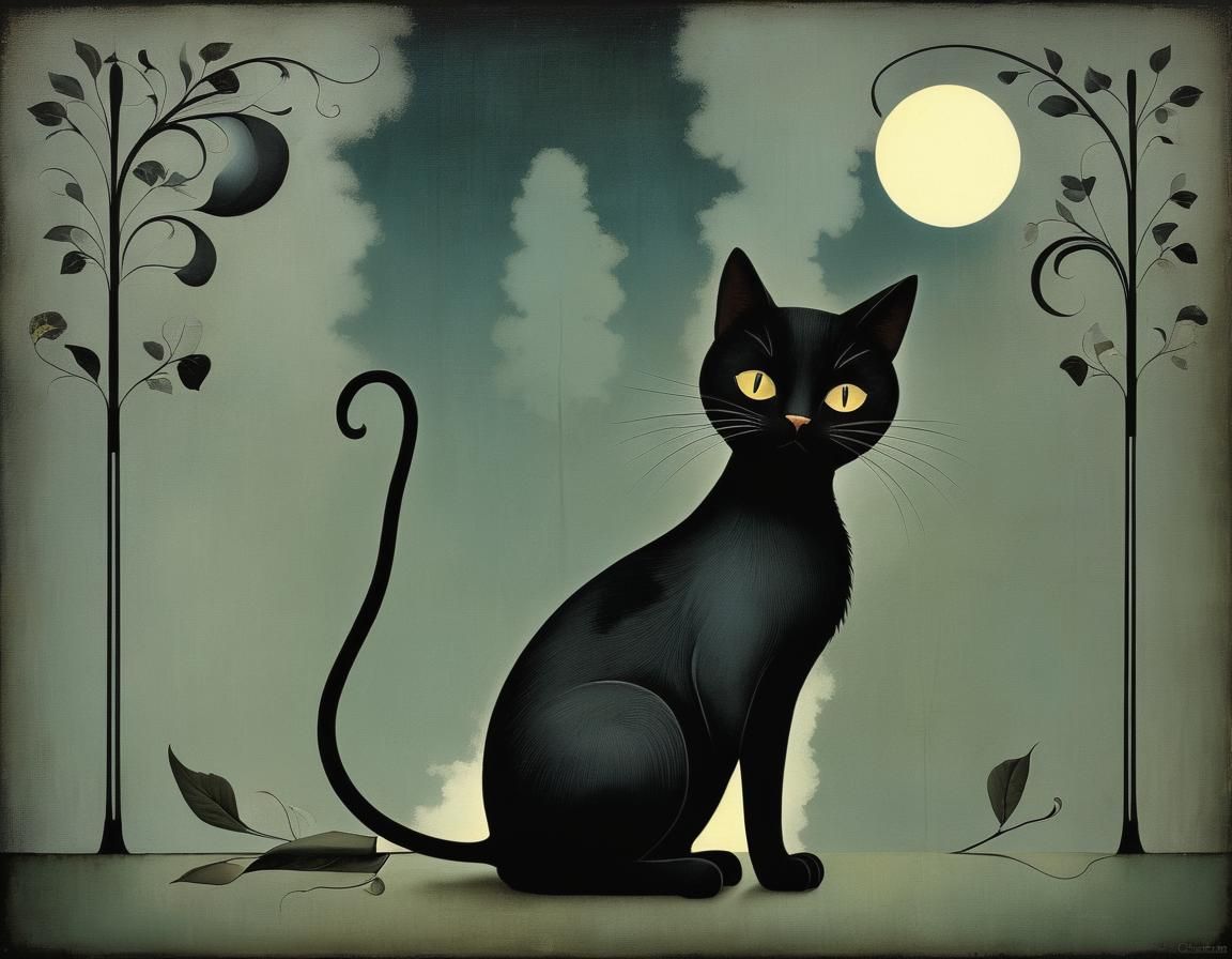 Cute Black Cat in Illustrated Surreal Style