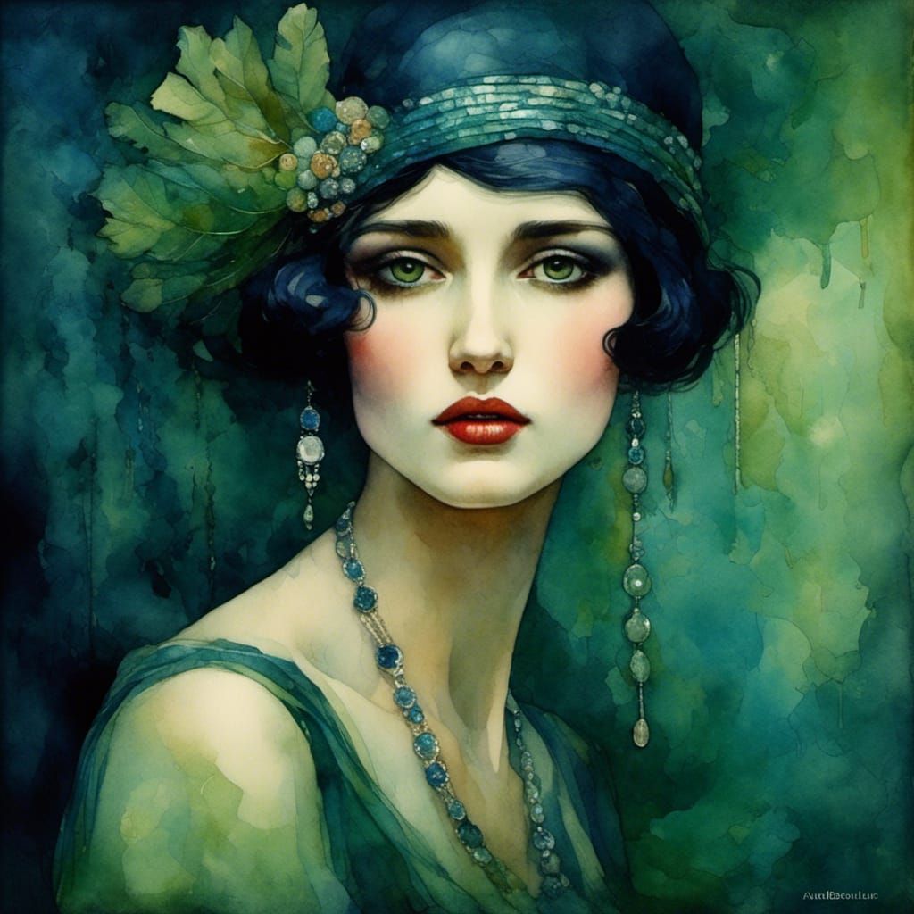 Vintage Flapper Portrait in Impasto Watercolor Style