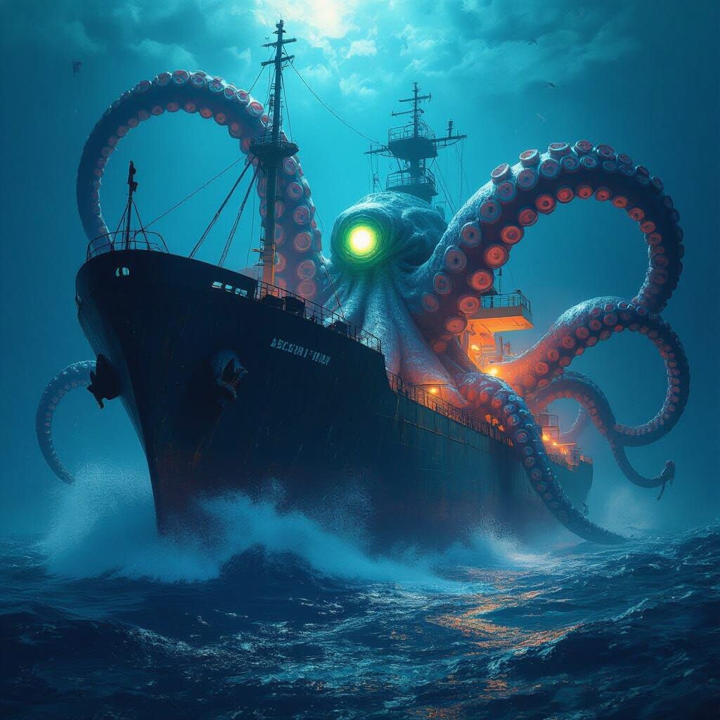 Colossal Kraken Attacks Ship in Deep Ocean Hyperrealism