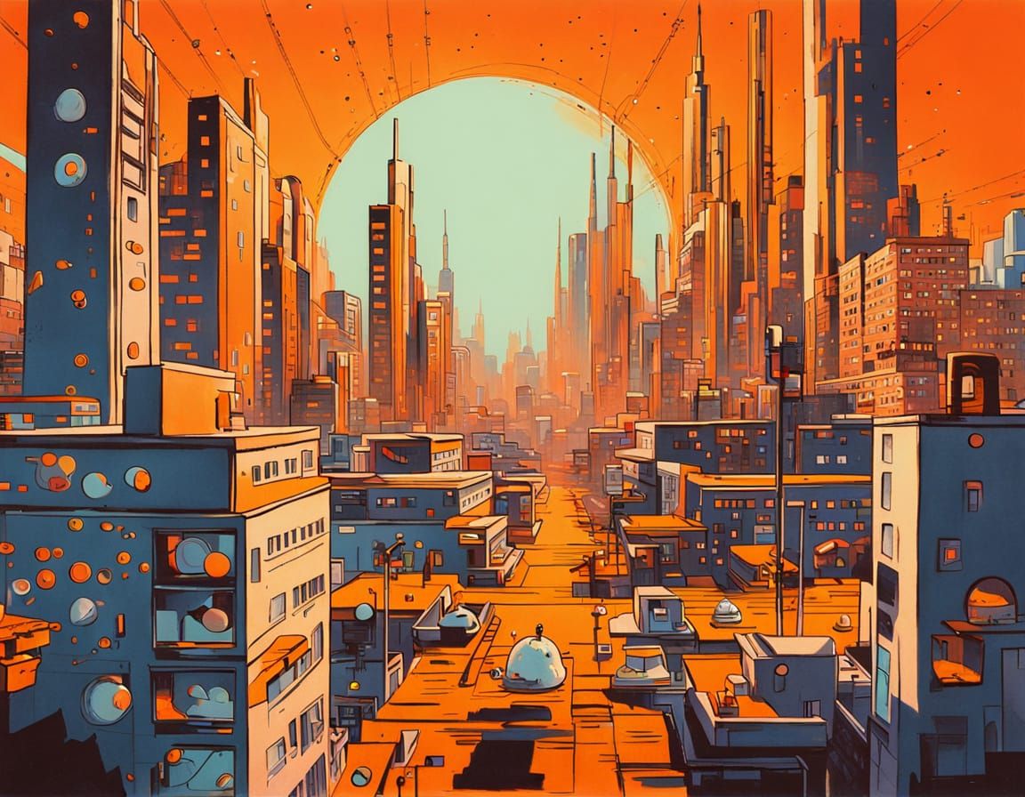 Orange Alien Dream Cityscape in Retro-punk Futurism Style