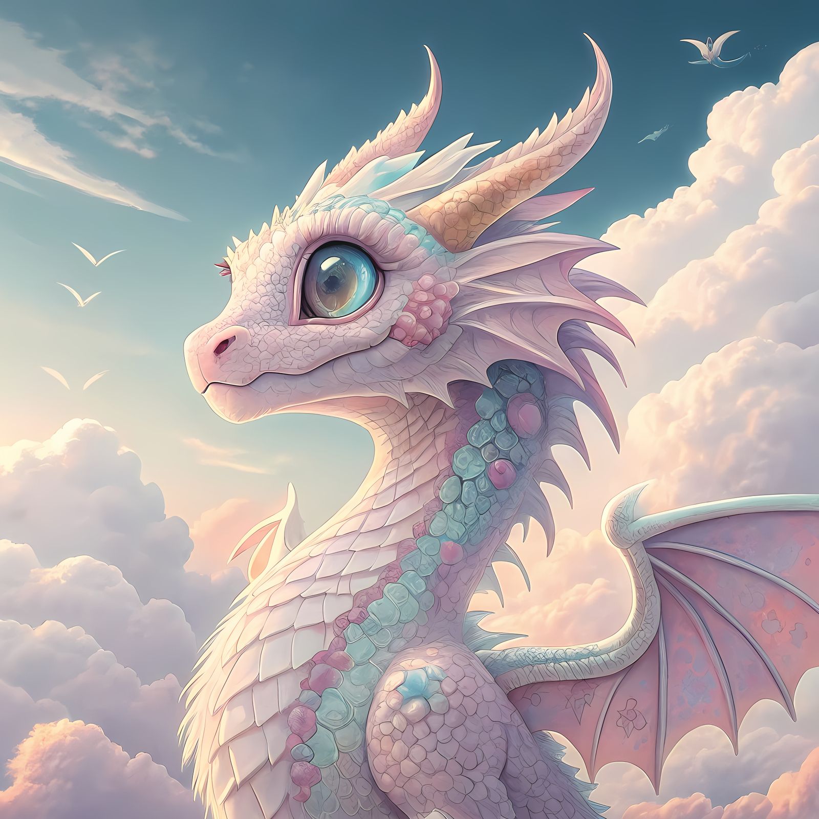 Pastel Dragon with Shimmering Eyes in Ethereal Style