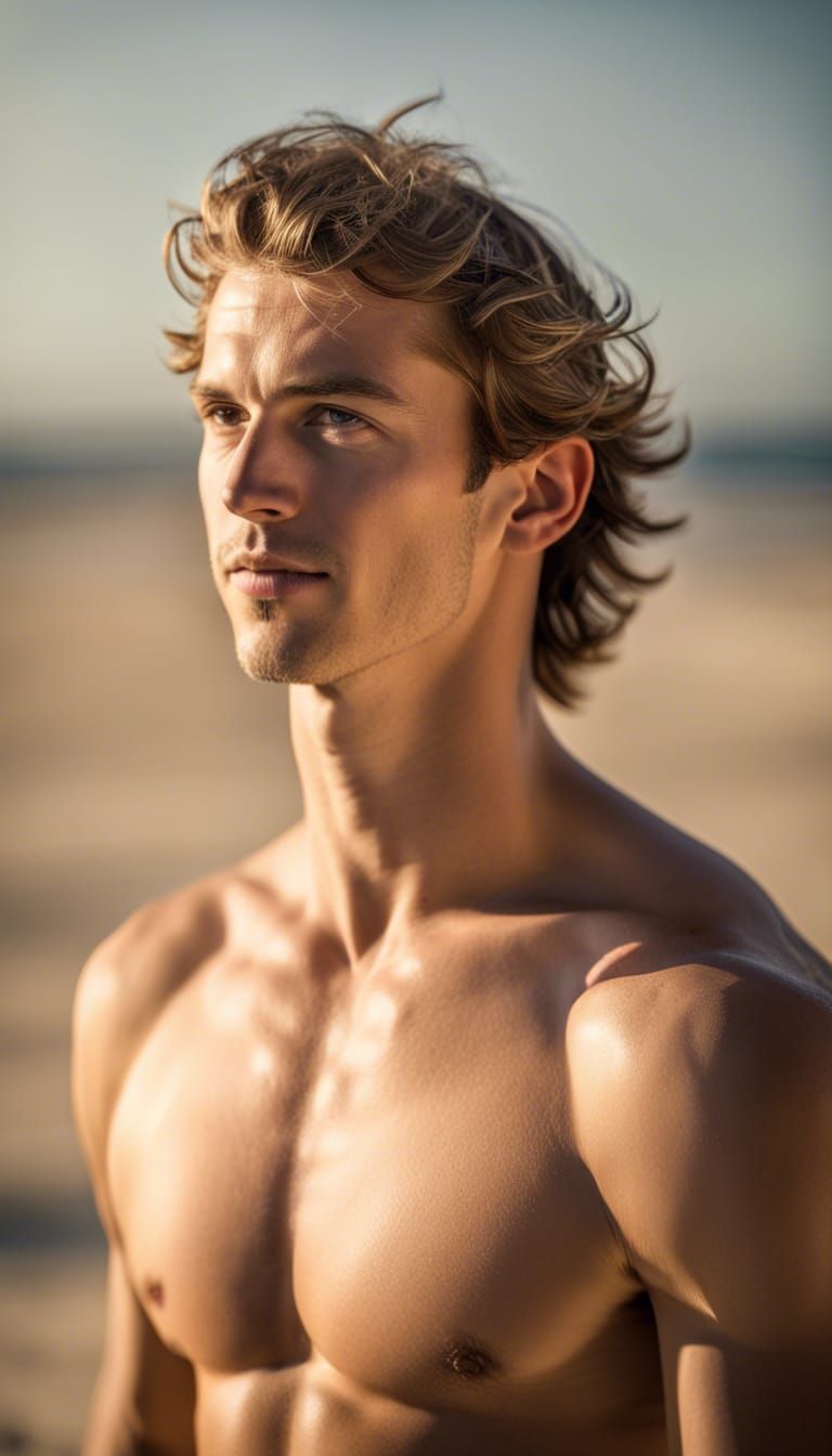 Shirtless Man in Speedo on Sunny Beach Day
