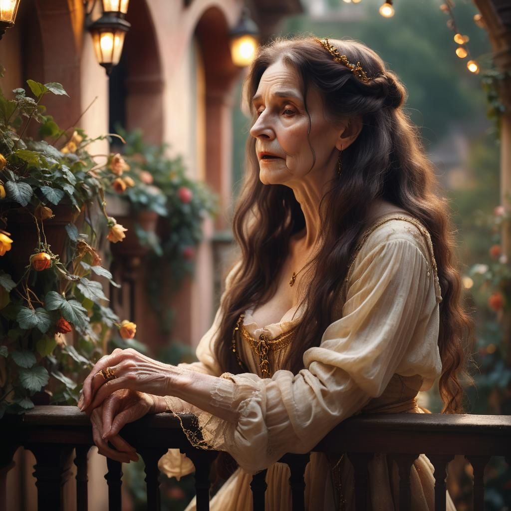 Elderly Juliet in Pre-Raphaelite Style on Balcony