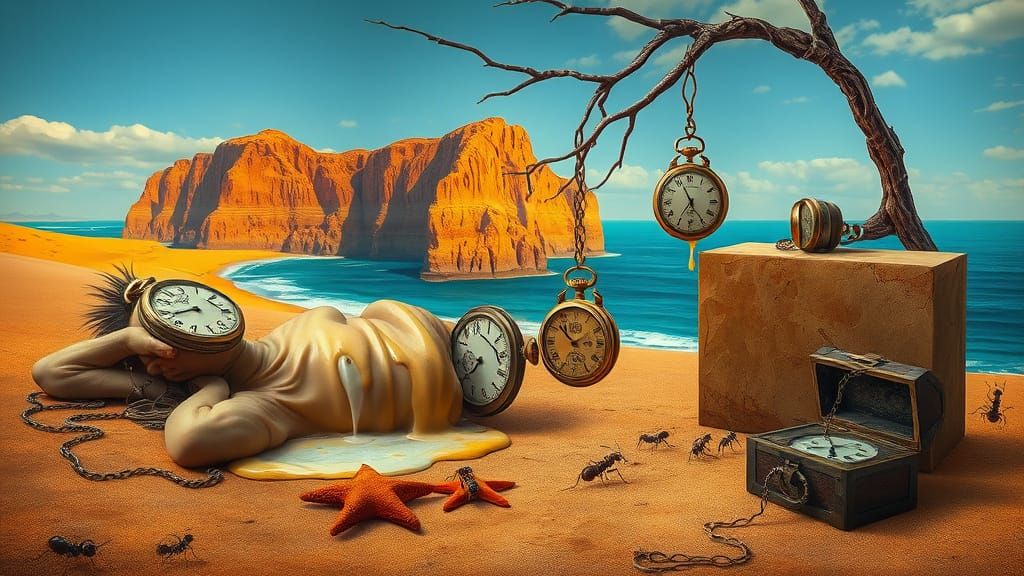 Surreal Desert Dreamscape with Melting Timepieces