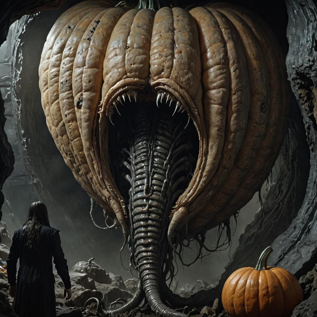 Gargantuan Pumpkin-Worm Hybrid Emerges: A Macabre Portrait