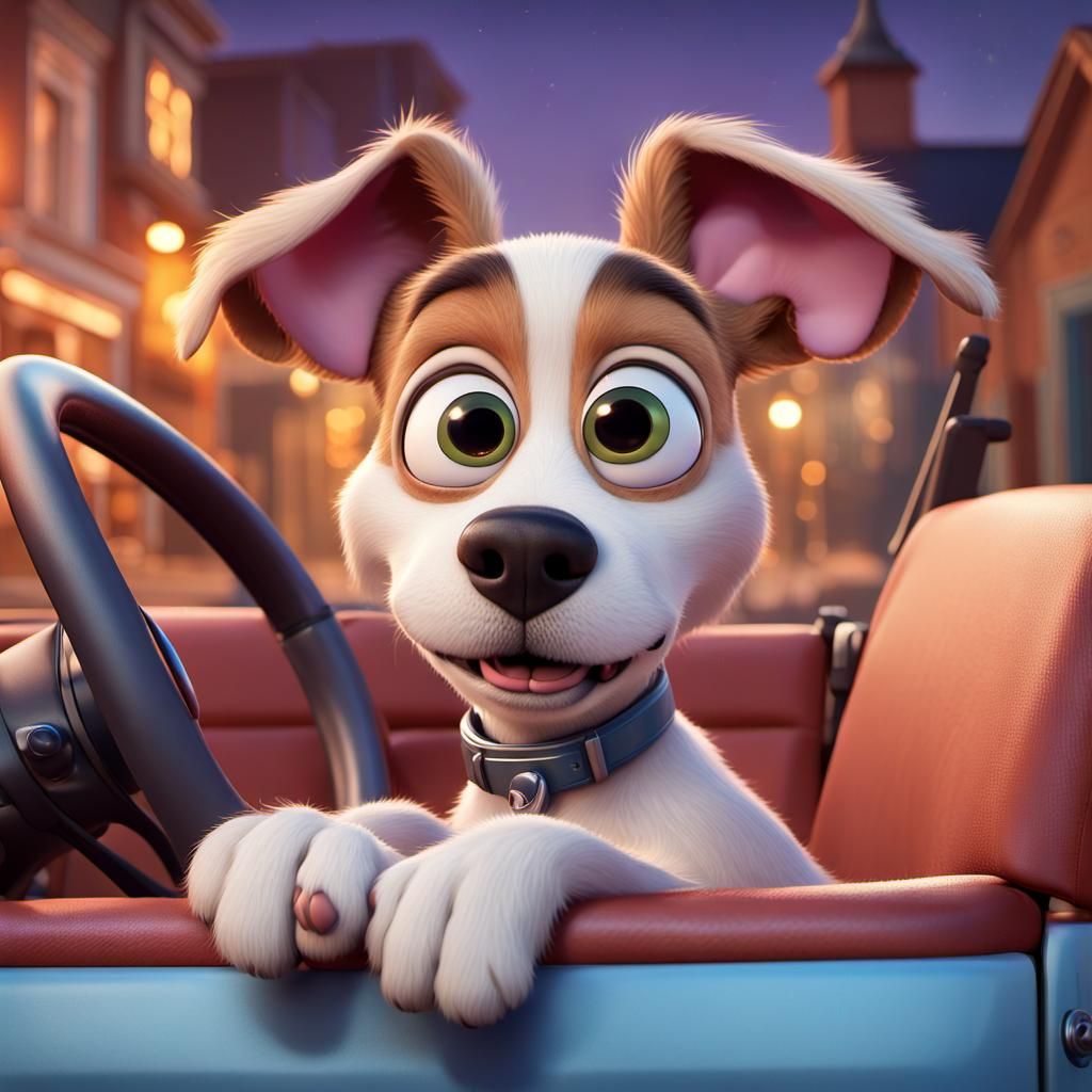 Disney-Pixar Style Dog Drives a Pickup Truck