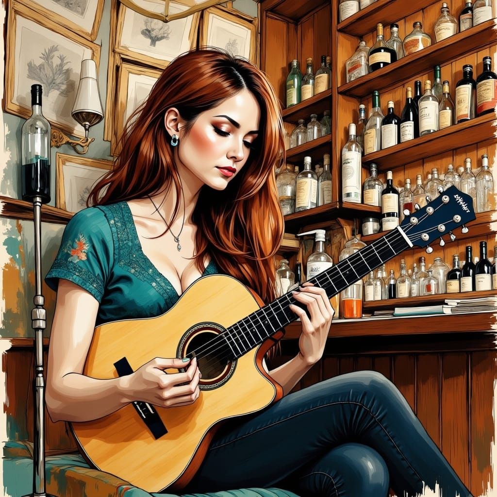 Surrealistic Woman Plays Guitar in a Vibrant Bar Scene