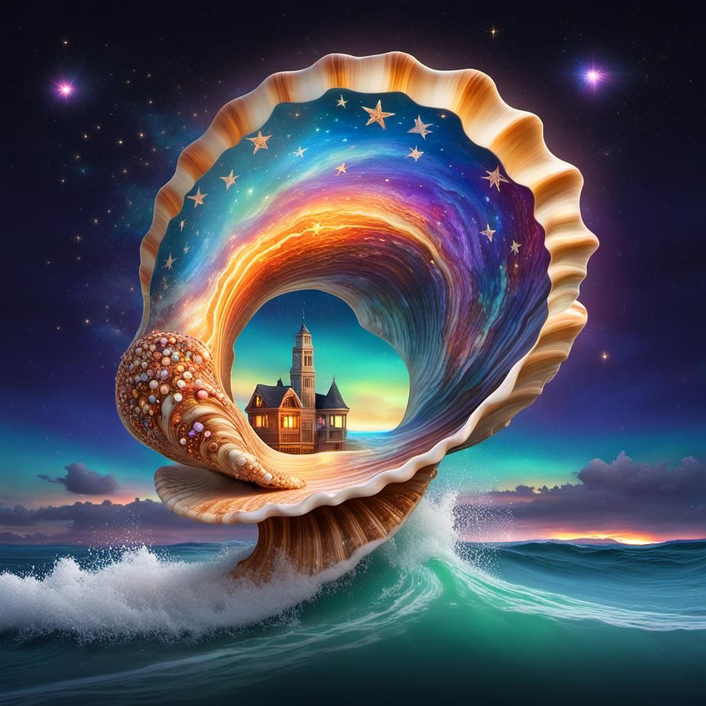 Surreal Seashell Island with Surfer, Digital Art