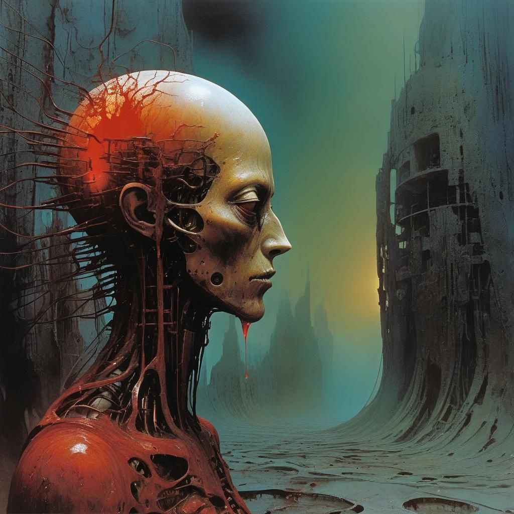 (Machines:1.5) capture, invade+cortex+blood letting; soul is reproduction. 
Art style by Dave McKean/ Zdzisław Beksiński...