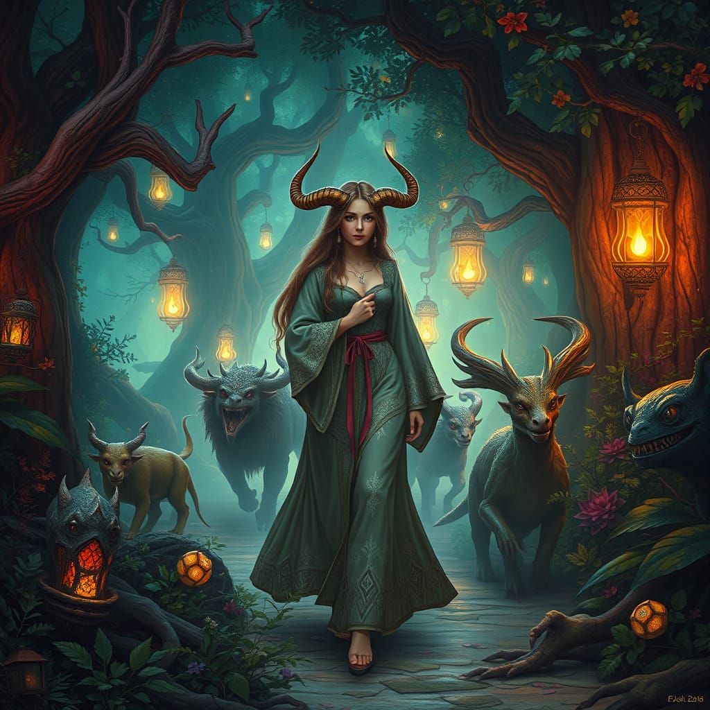 Ethereal Woodland Maiden Surrounded by Fantastical Creatures...