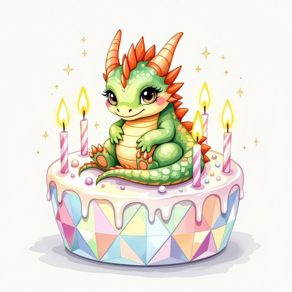 Baby Dragon in Gemstone Cake, Watercolor Art