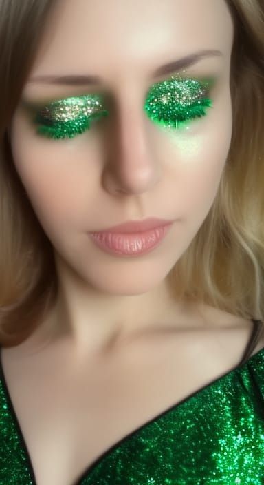 Gaia in Glittering Green Dress and Eyeshadow