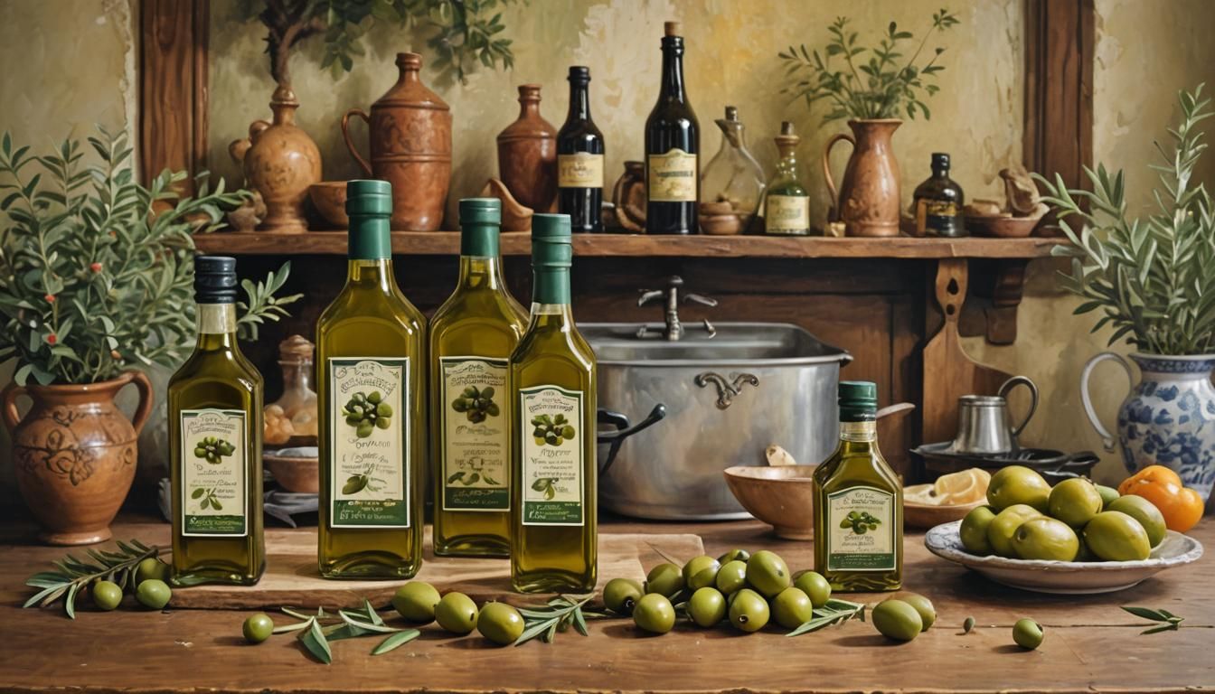 Olive Oil Bottles in Matte Painting Style