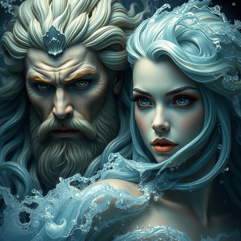 Surreal Sea Gods with Undulating Wave Hair in Hyper Realisti...