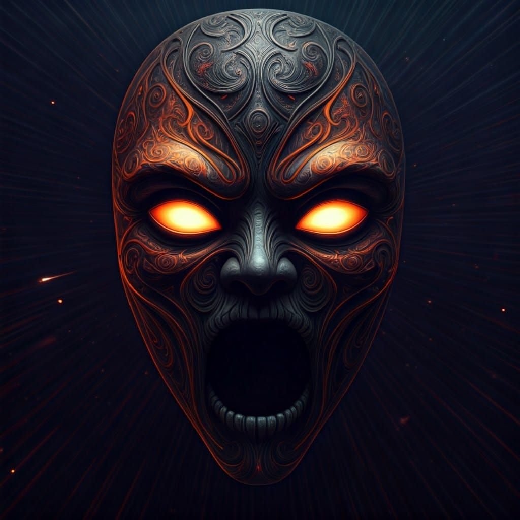 Eerie Mask Floating in Space with Glowing Eyes