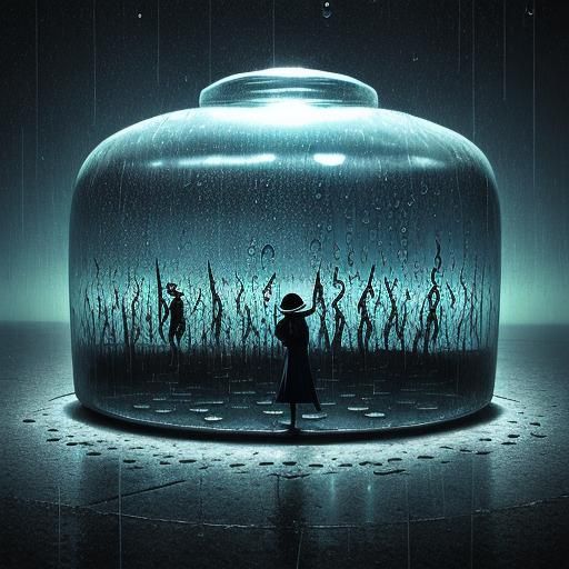 People Trapped in Raindrops: A Surrealist Vision