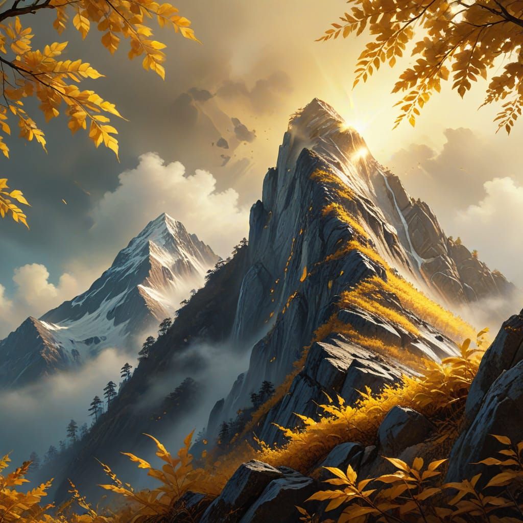 Soul on Majestic Mountain Peak Amidst Golden Yellow Leaves
