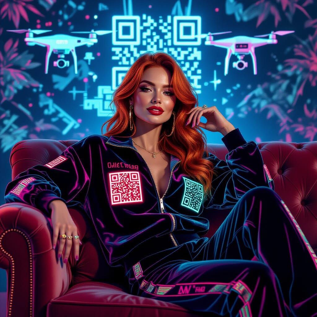 Red-Haired Woman in Velvet With QR Codes