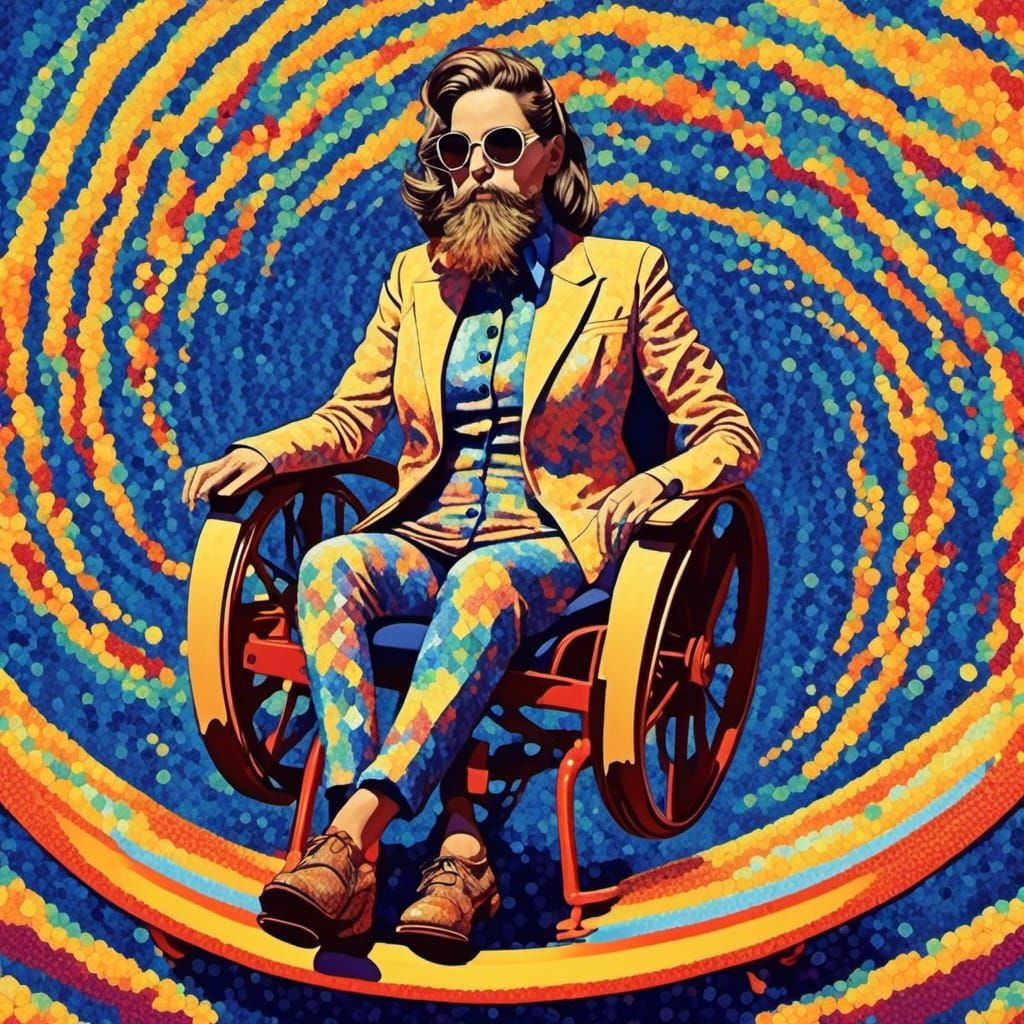 Pointillist Woman on Waterslide in Geometric Style